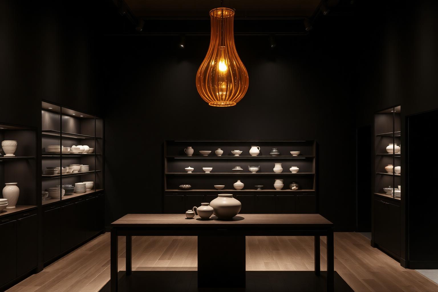 A private Oakvera viewing setting — a glowing chandelier above a dark oak table of porcelain vessels